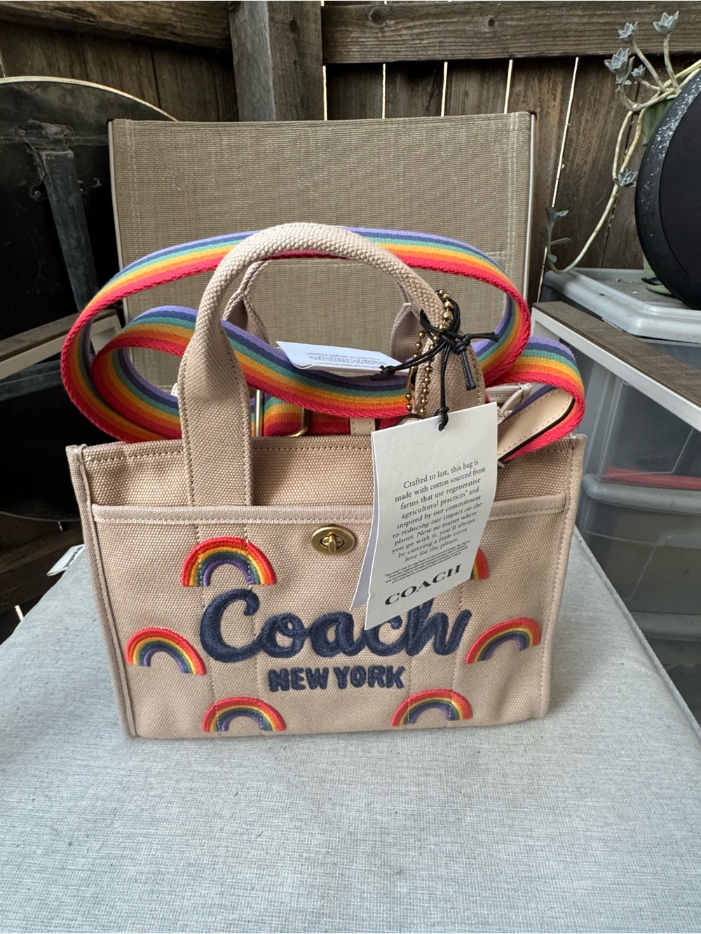 Coach Beige Canvas Tote with Rainbow Embroidered Accents and Striped Strap - Picture 8 of 8